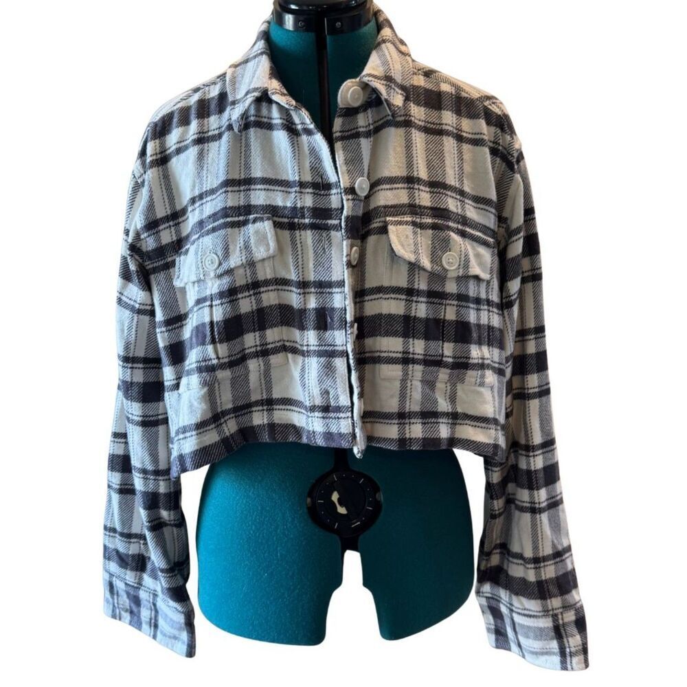 American Eagle Cropped Plaid Jacket – Black White, Large (L), NWT